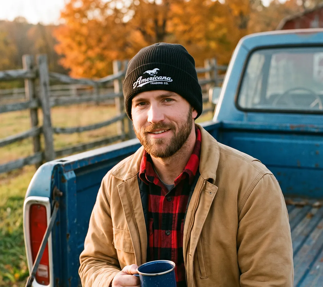 Man in a black Americana waffle beanie sitting on the tailgate of an old blue pickup truck on a fall evening