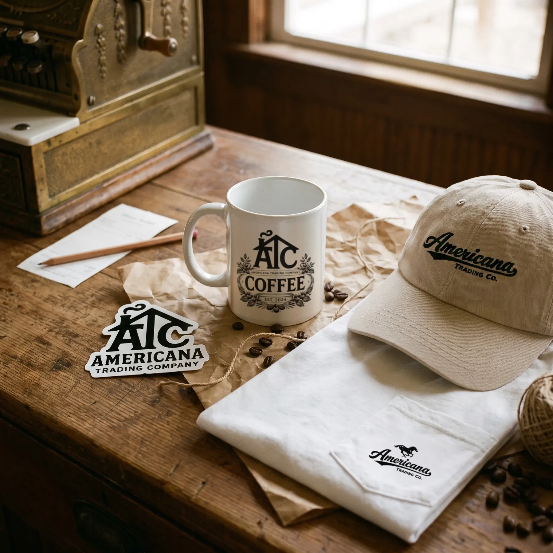 A woman at a general-store counter, an enamel camp mug beside her.