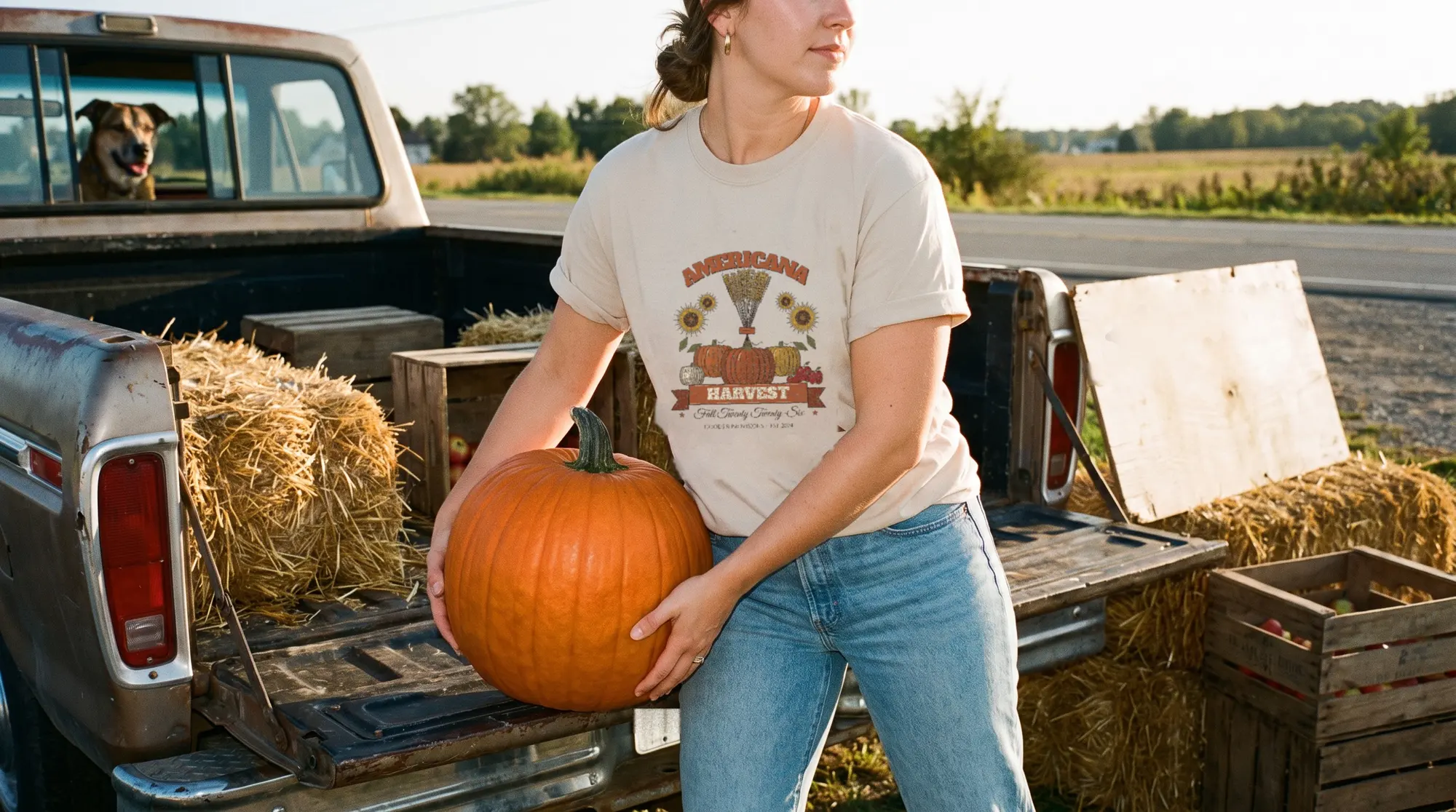 A woman in a sand Harvest Tee stands in a wildflower field at dusk, the harvest crest on her back.