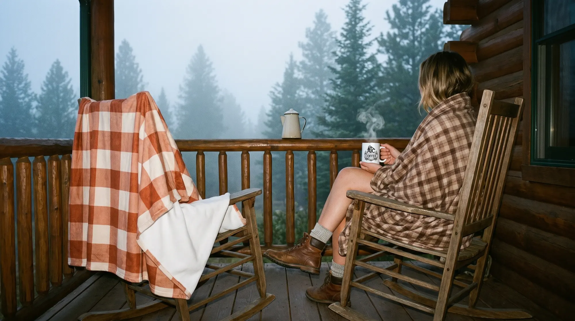 Two people on a porch swing under plaid throws, a camp mug on the railing.