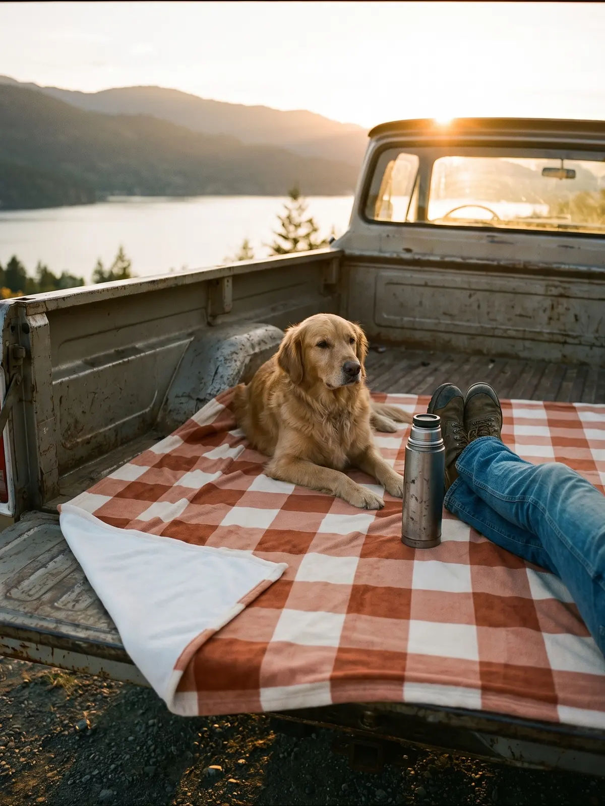 Golden retriever resting on a buffalo check throw in a pickup bed at sunset by a lake
